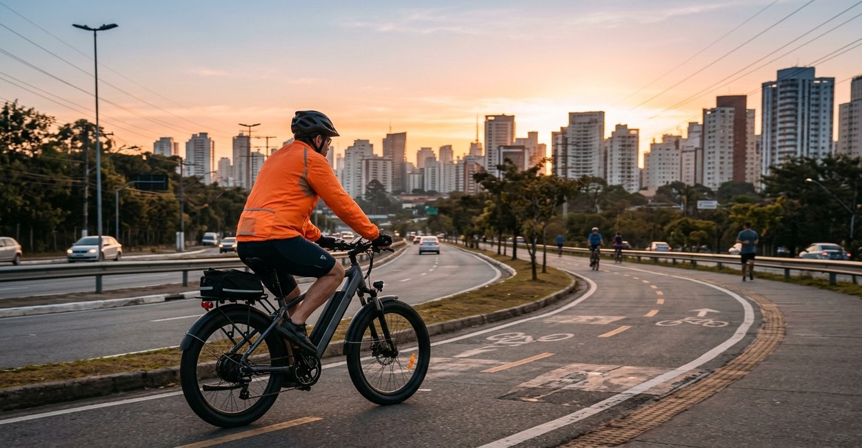 bicicleta elétrica em ciclovia urbana ao amanhecer