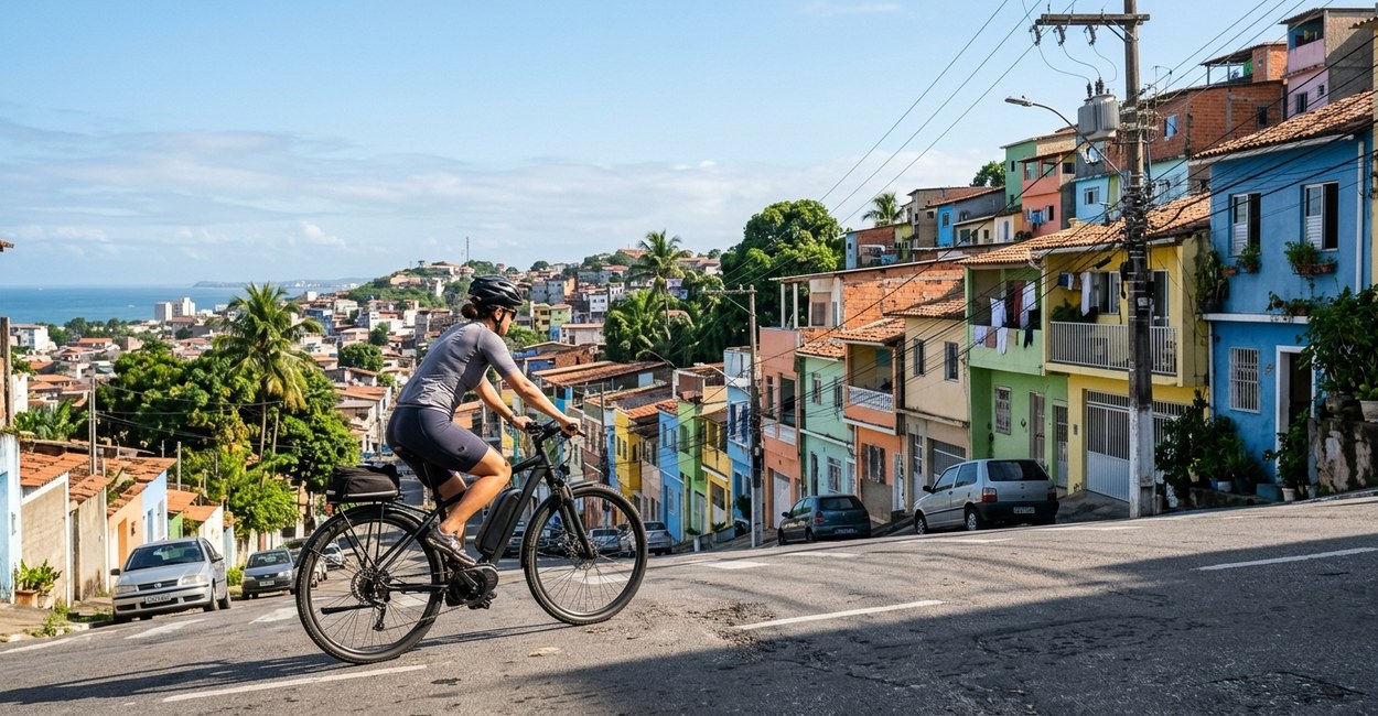 bicicleta elétrica subindo morro com pedal assistido