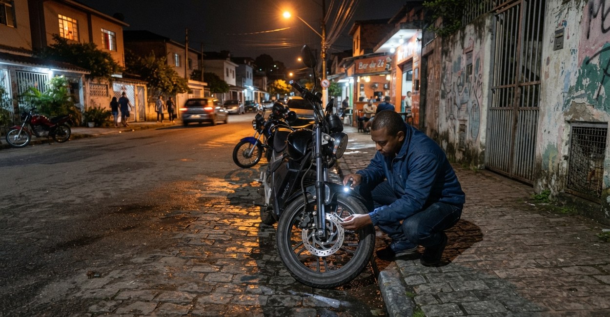 Detalhe da pastilha de freio e do disco de uma moto eletrica sendo inspecionados