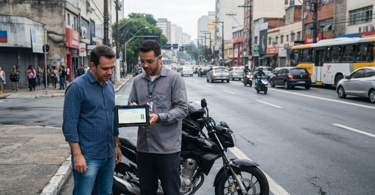 Tecnico mostra no tablet o relatorio de saude da bateria para o dono da moto