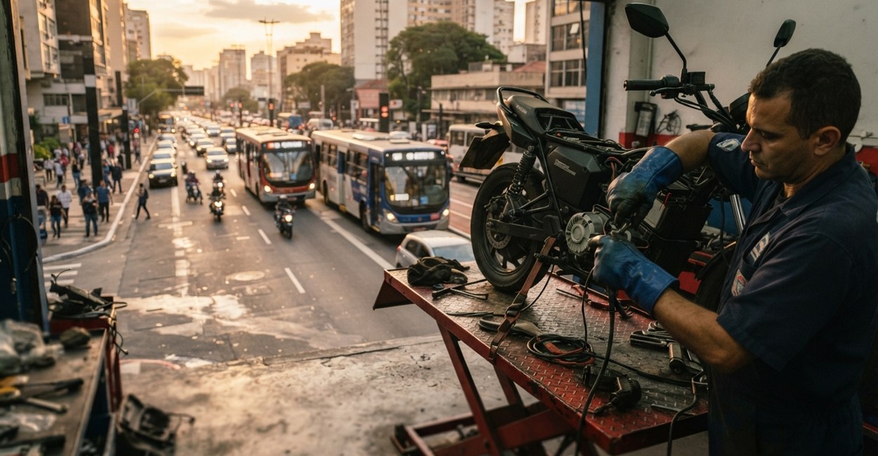 Mecanico com luvas isolantes revisa uma moto eletrica no elevador da oficina
