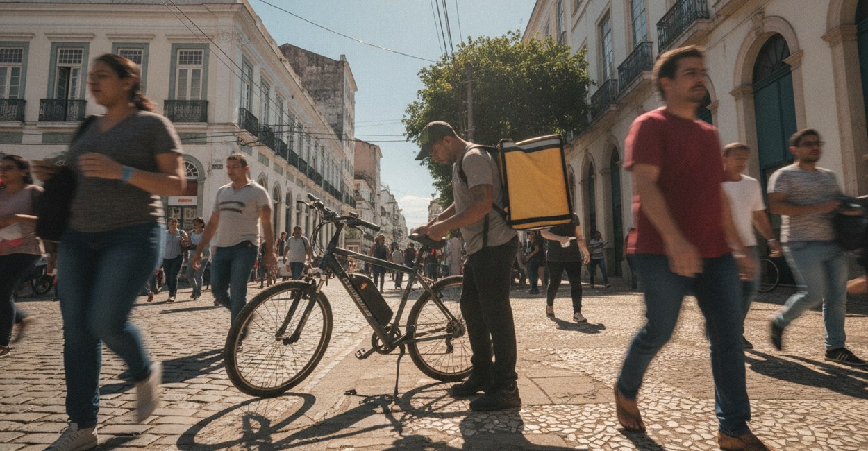 Bicicleta elétrica parada na calçada movimentada, alvo da blitz educativa da Semana do Trânsito