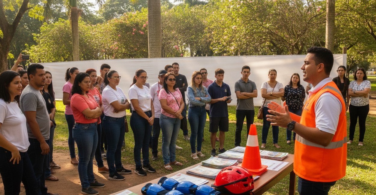 Capacete e joelheiras em mesa de blitz educativa de patinete e bike elétrica na Semana do Trânsito