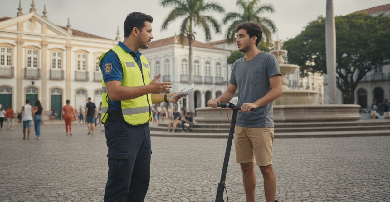Agente de trânsito orienta jovem com patinete elétrico em blitz educativa da Semana do Trânsito 2026