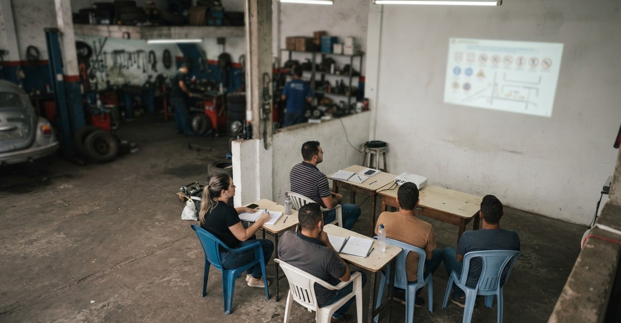 Aula teorica de autoescola com poucos alunos