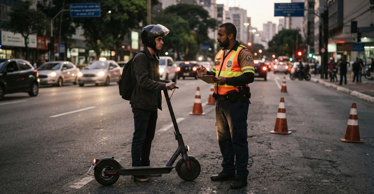 Blitz de transito aborda condutor de scooter eletrica no acostamento