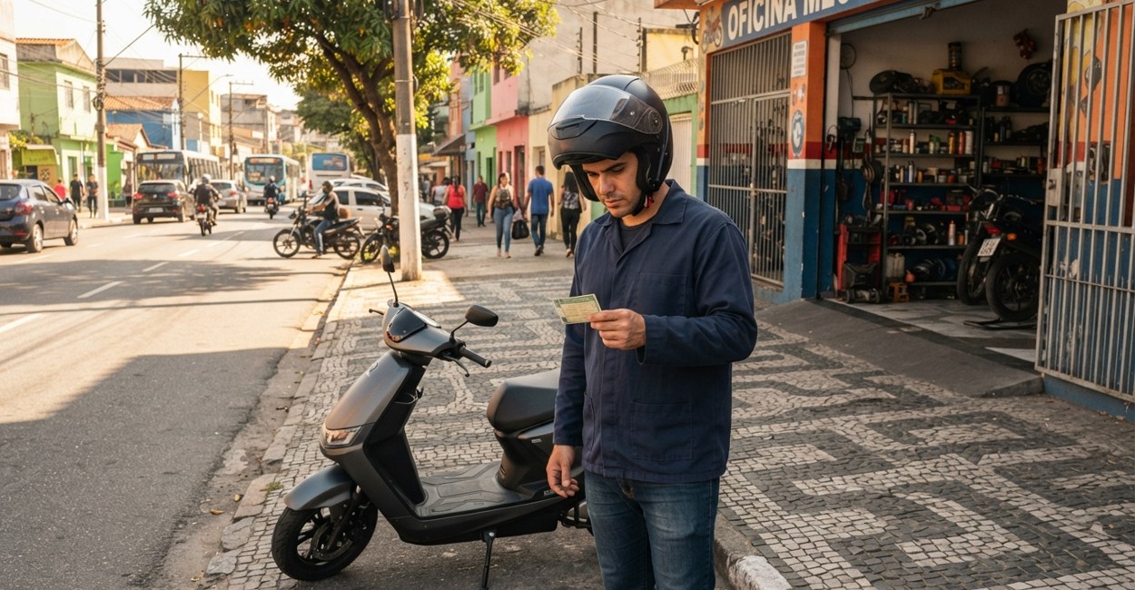 Condutor de capacete confere documento ao lado de scooter eletrica estacionada