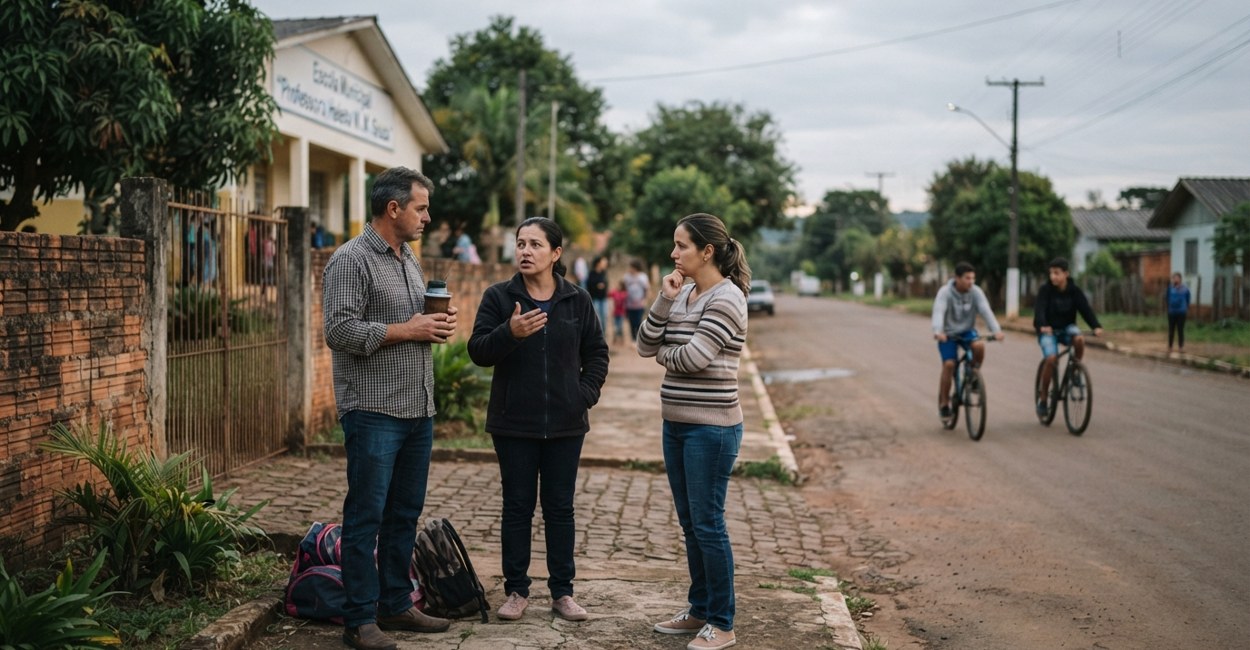 Pais conversam preocupados em frente a uma escola enquanto adolescentes passam de bicicleta ao fundo ao entardecer