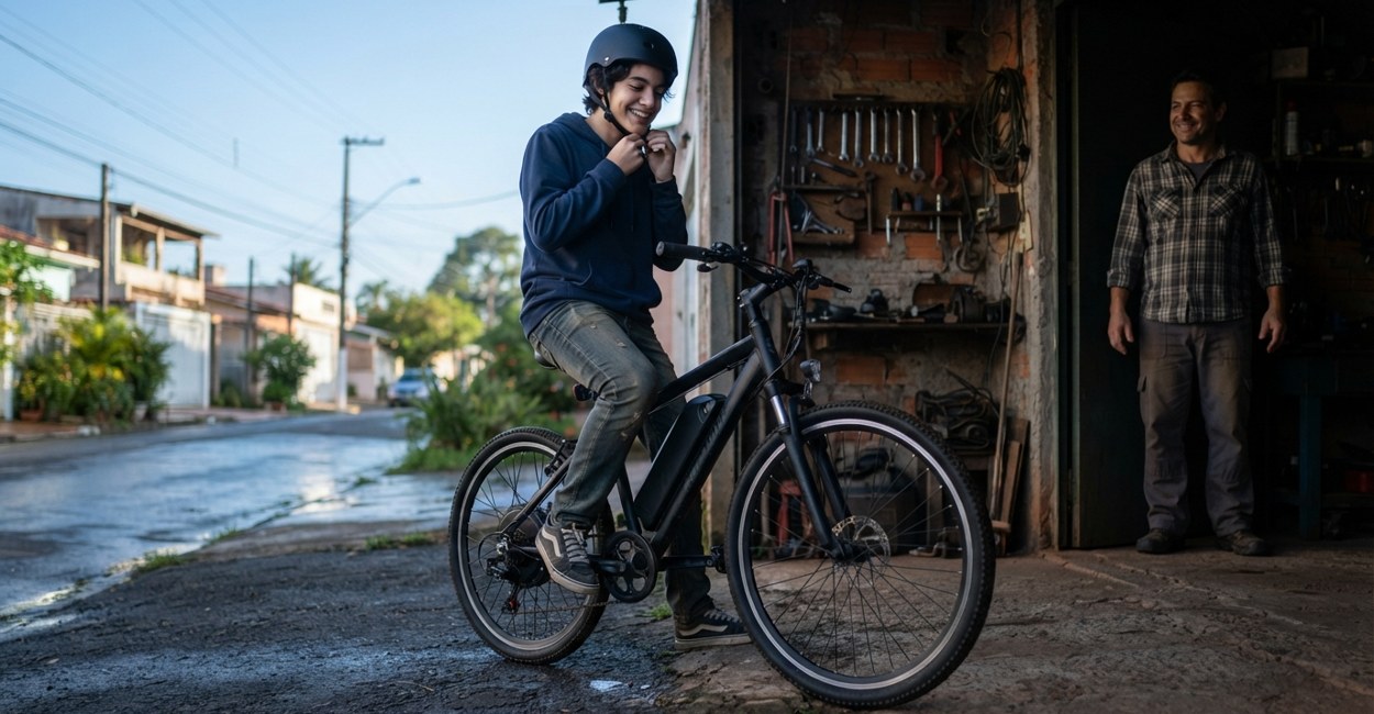 Adolescente prende o capacete antes de sair de bicicleta elétrica enquanto o pai observa da porta de casa