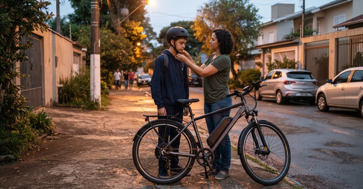 Mãe ajusta a fivela do capacete do filho adolescente ao lado de uma bicicleta elétrica numa calçada ao fim da tarde