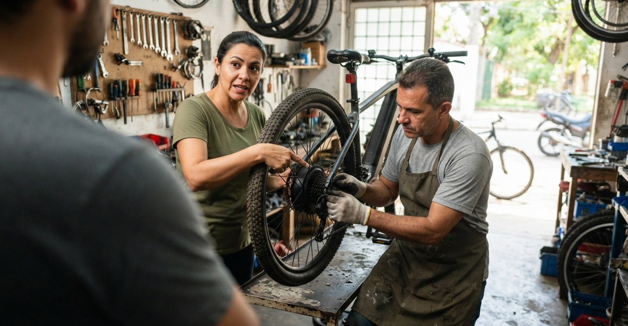 Mecânico examina a roda de uma bicicleta elétrica enquanto a cliente explica o defeito numa oficina de bairro
