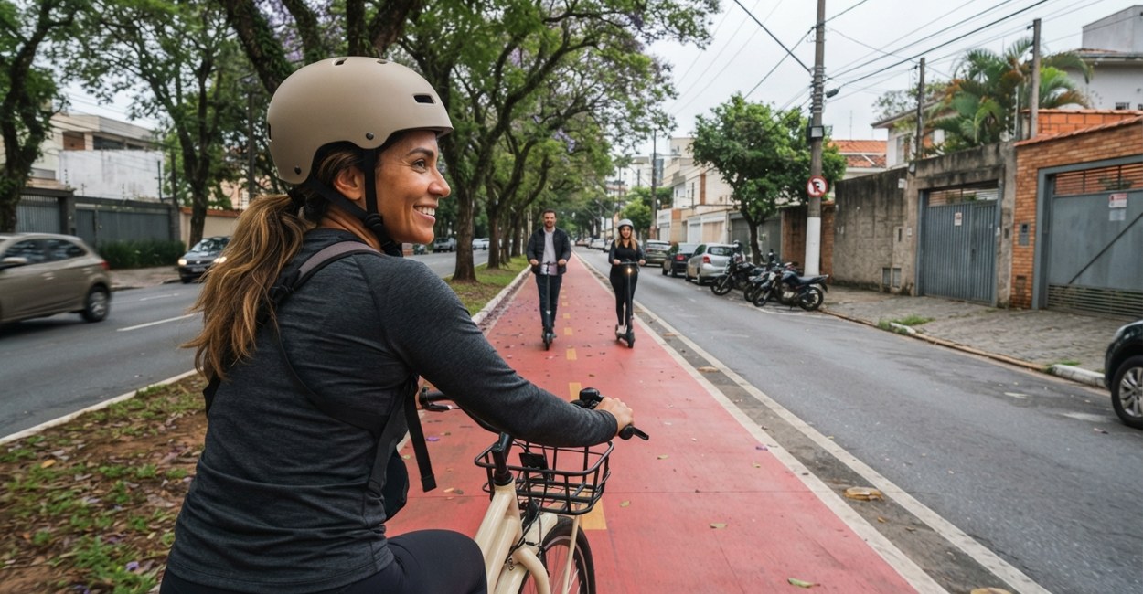 Mulher de capacete sorri ao pedalar uma bicicleta elétrica creme na ciclofaixa, com patinetes elétricos ao fundo