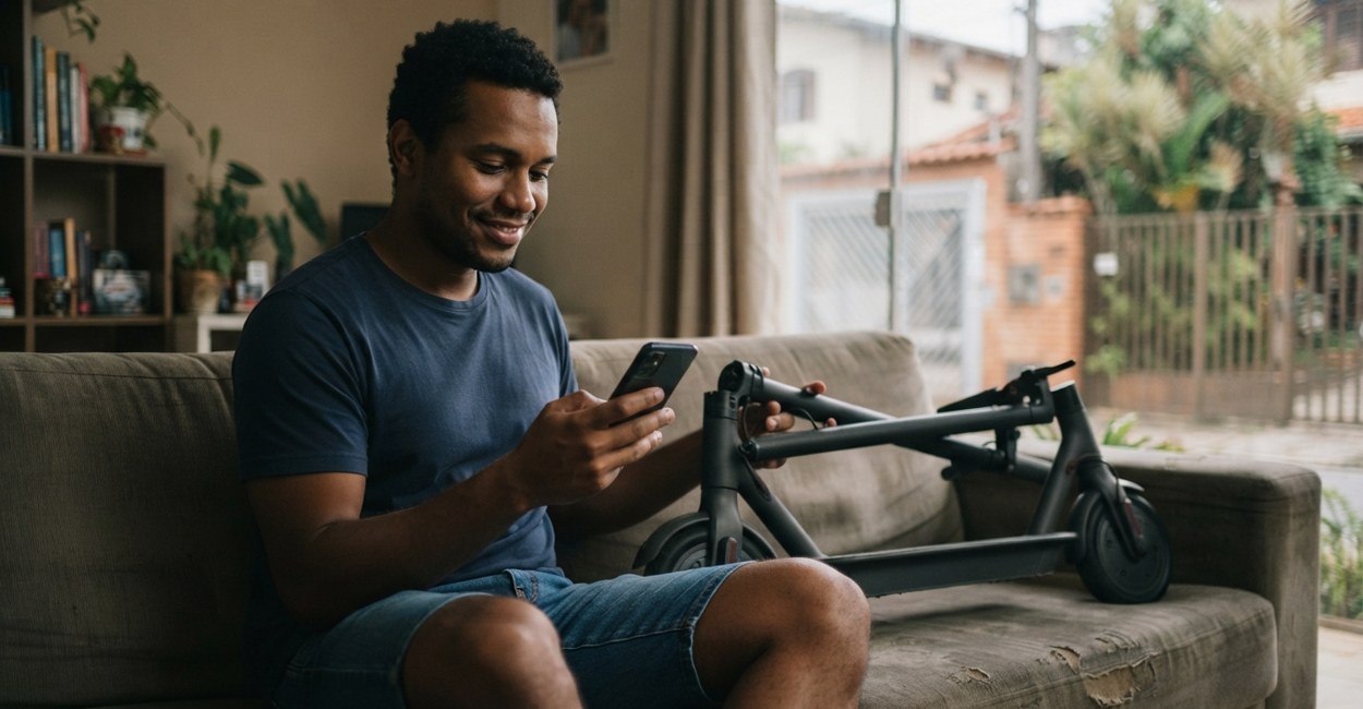 Rapaz no sofá confere no celular as avaliações da Atrio ao lado de um patinete elétrico dobrado