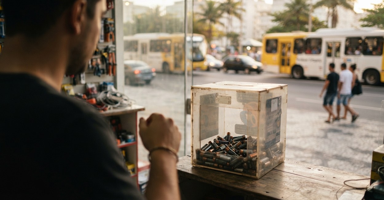 Caixa coletora de baterias usadas em loja brasileira