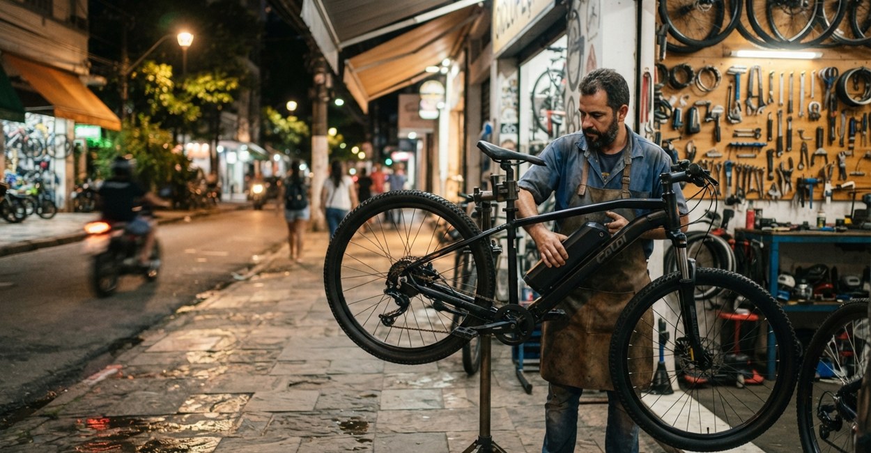 Mecanico retira a bateria do quadro de uma bicicleta eletrica na oficina