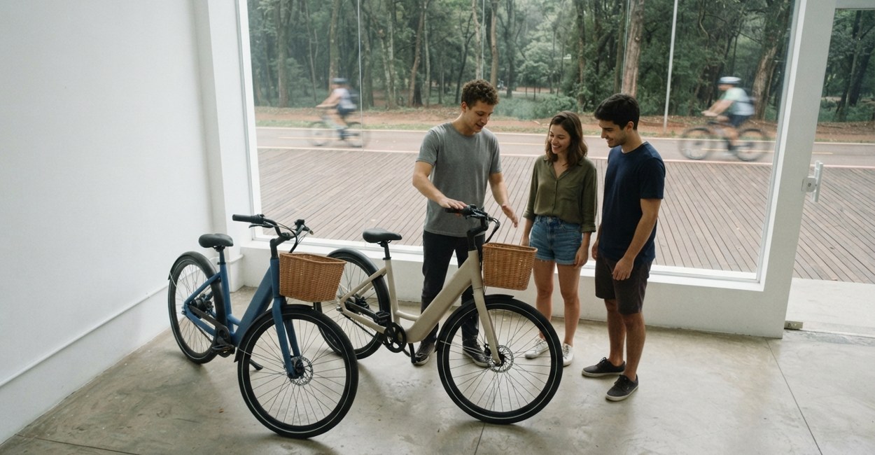 Vendedor mostra a um casal duas bicicletas elétricas urbanas com cesta dianteira numa loja com vitrine para a ciclovia