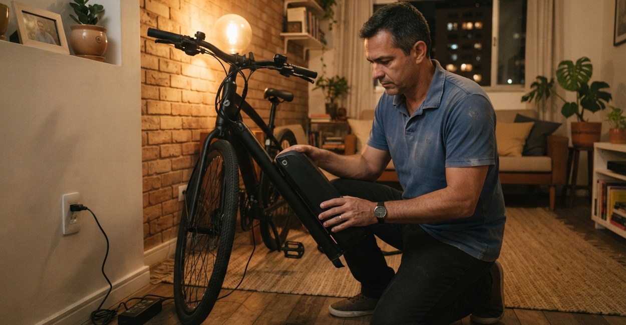 Homem encaixa a bateria removível no quadro de uma bicicleta elétrica preta na sala de casa à noite