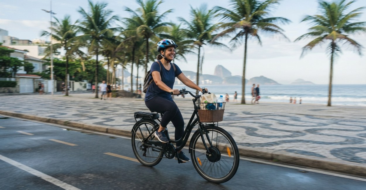 Mulher de capacete sorri pedalando uma bicicleta elétrica urbana preta com cesta na ciclovia da orla do Rio de Janeiro