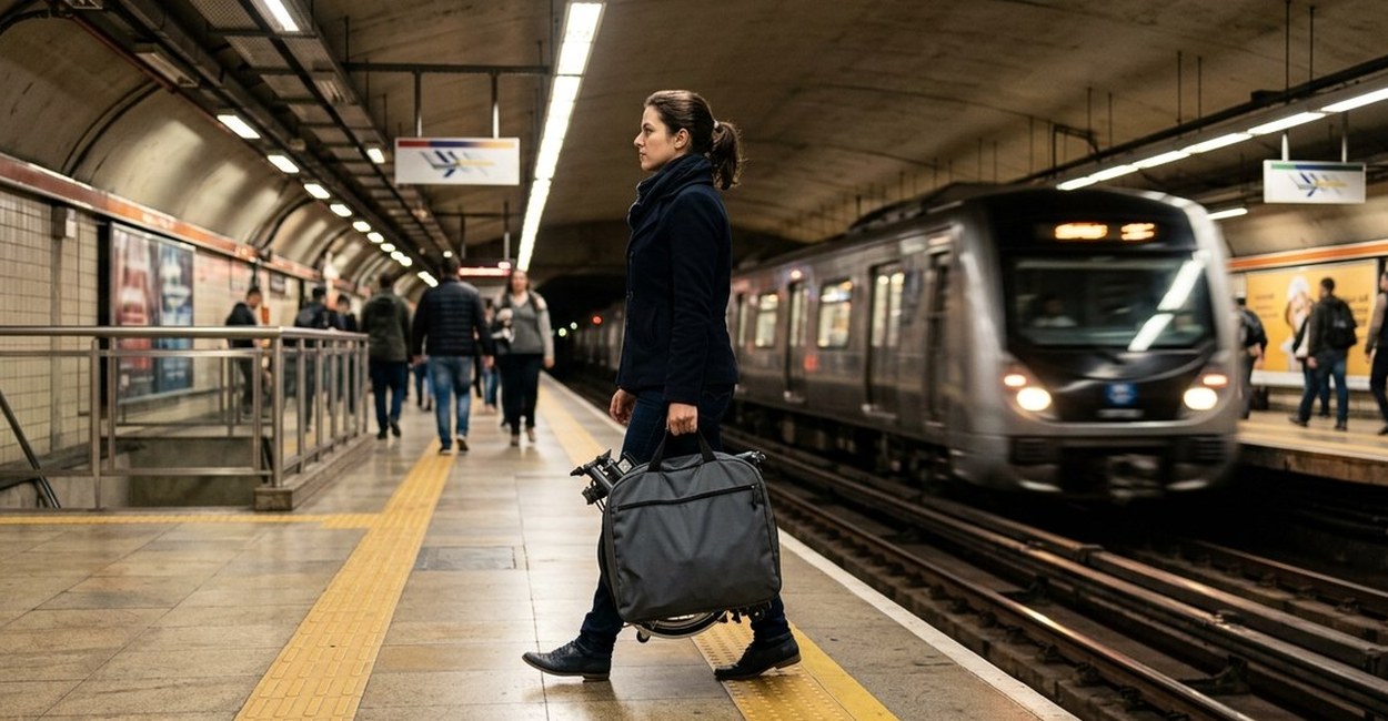 Mulher carrega uma bicicleta dobrável dobrada na plataforma do metrô