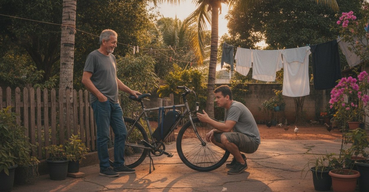 Dois homens conversam ao conferir uma bicicleta elétrica no quintal