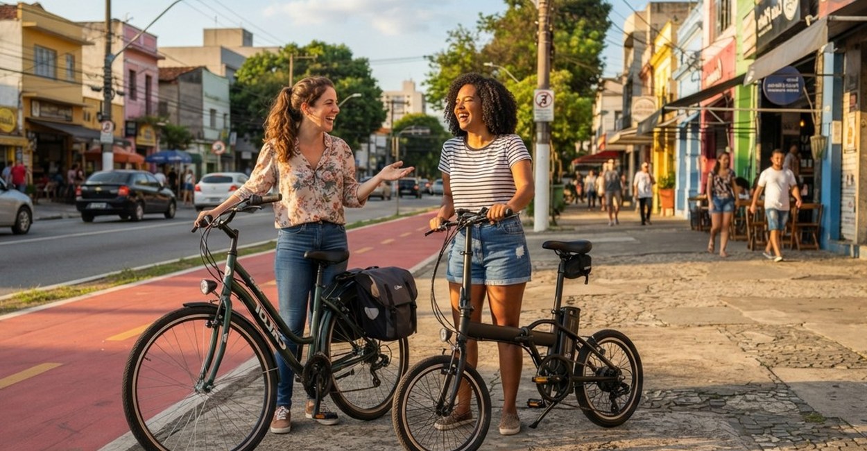Duas mulheres conversam numa ciclofaixa ao lado de bicicletas elétricas, uma delas dobrável