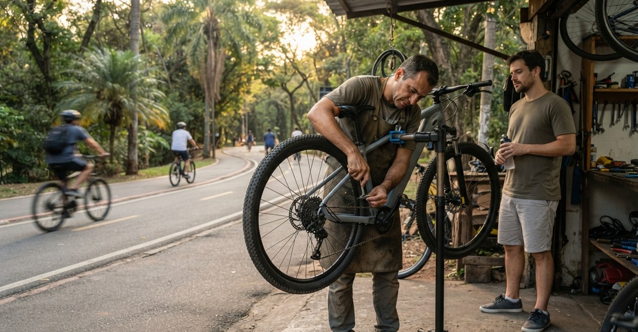 Mecânico ajusta o freio a disco de uma bicicleta elétrica aro 29 cinza numa bicicletaria ao lado da ciclovia