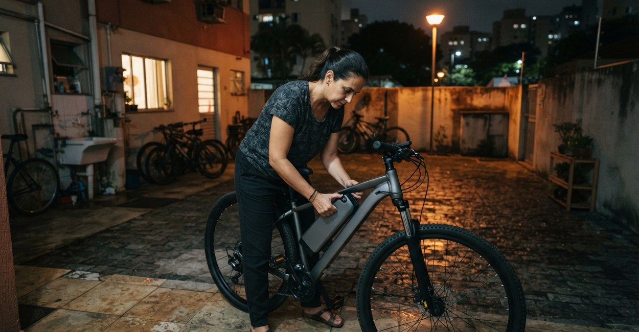 Mulher retira a bateria removível de uma bicicleta elétrica aro 29 cinza no pátio de um prédio à noite