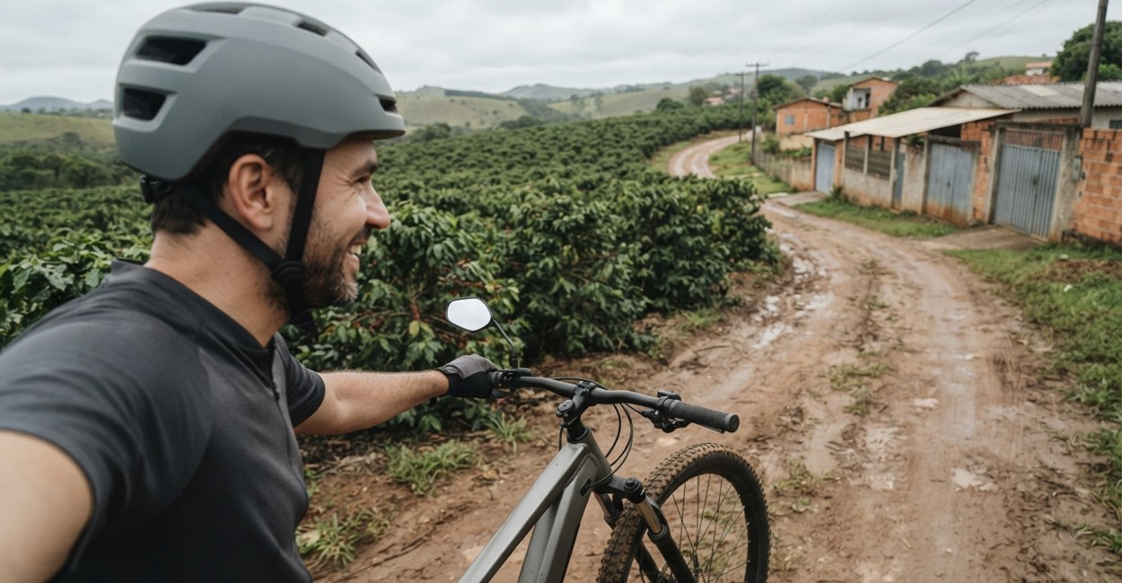 Homem de capacete sorri com uma bicicleta elétrica aro 29 cinza numa estrada de terra entre cafezais