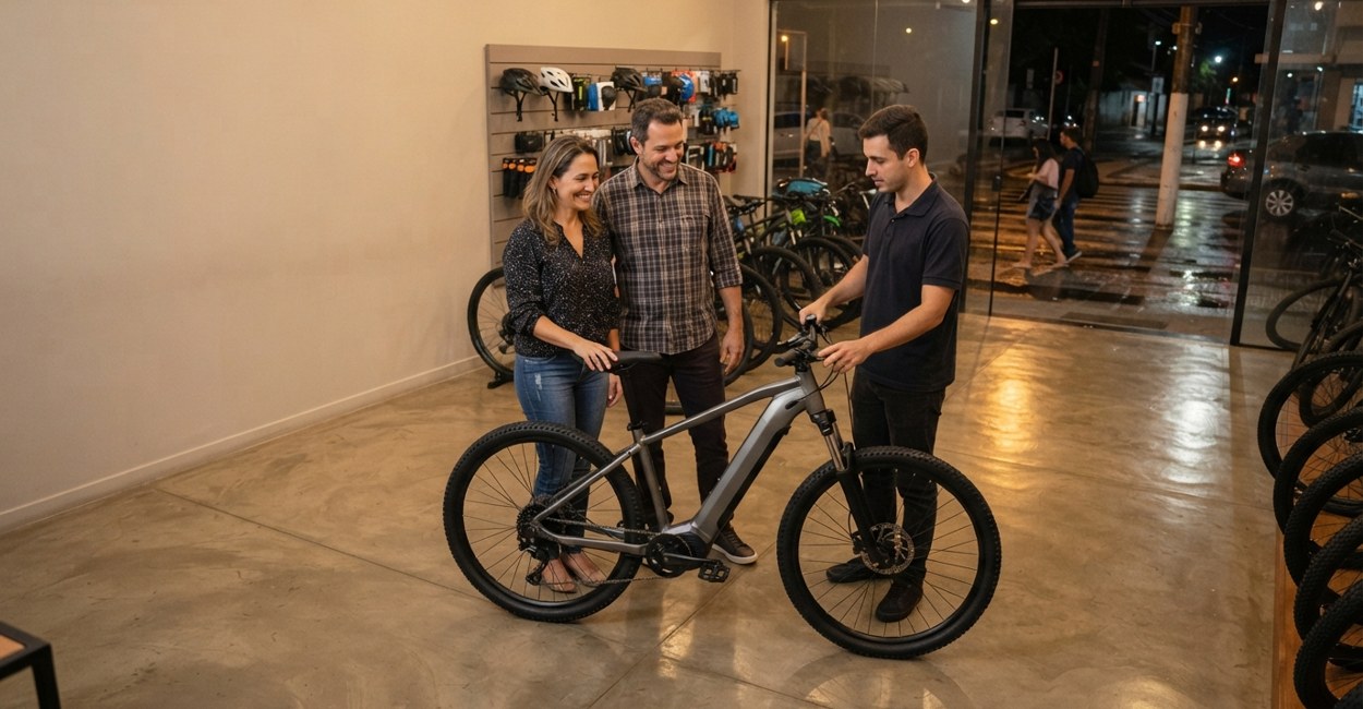 Casal sorri numa loja de bicicletas enquanto o vendedor apresenta uma mountain bike elétrica cinza com bateria no quadro