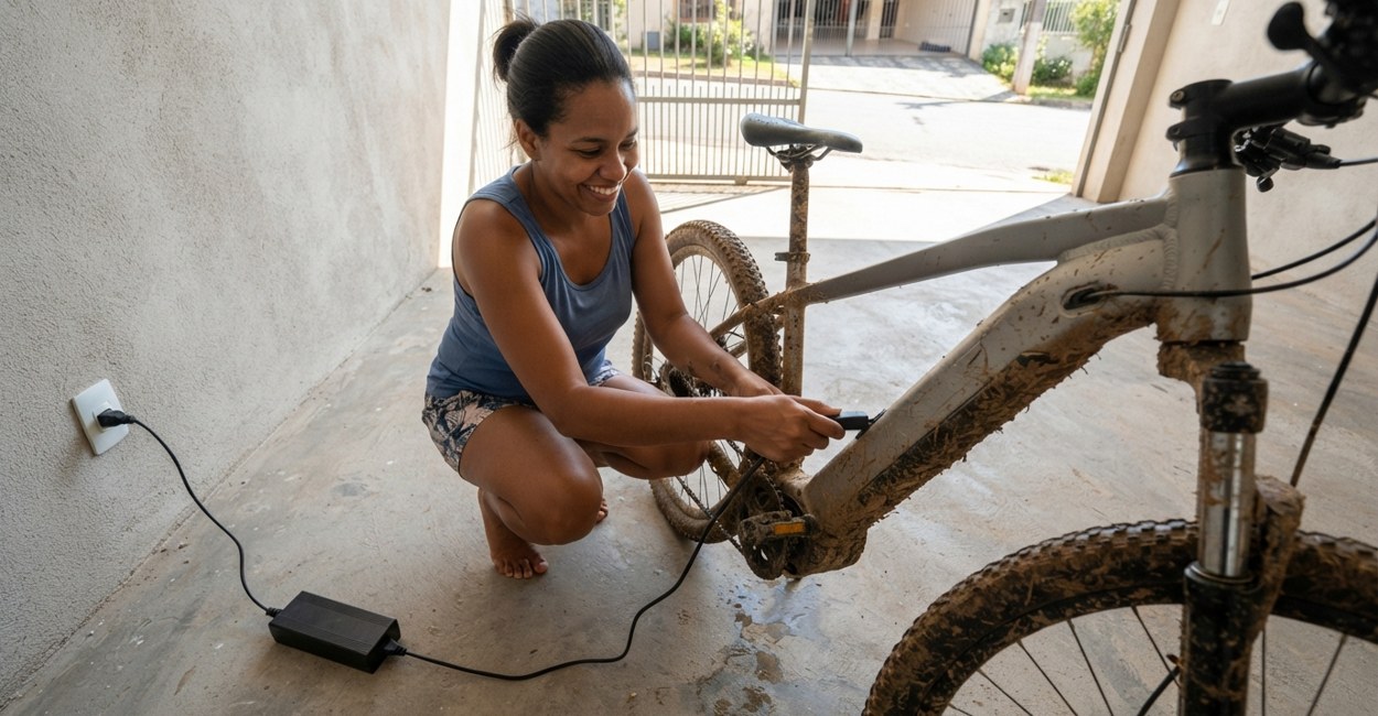 Mulher agachada numa garagem conecta o carregador na bateria de uma mountain bike elétrica cinza enlameada