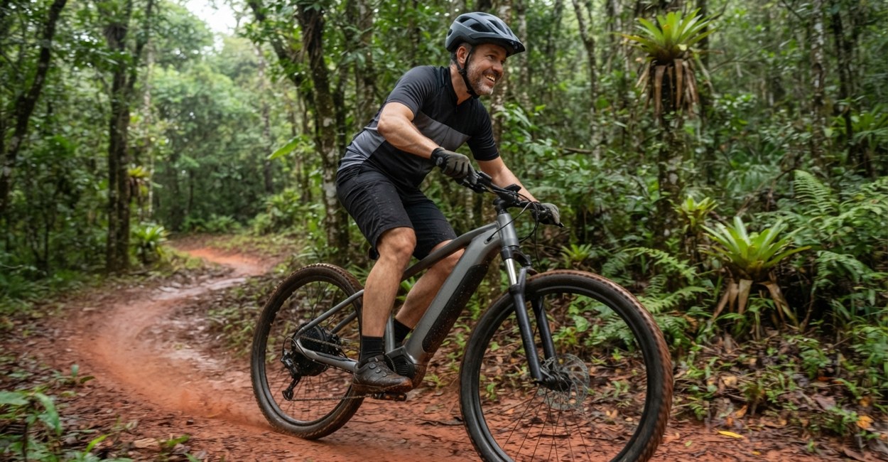 Homem de capacete sorri pedalando uma bicicleta elétrica de trilha cinza numa trilha de terra vermelha na mata