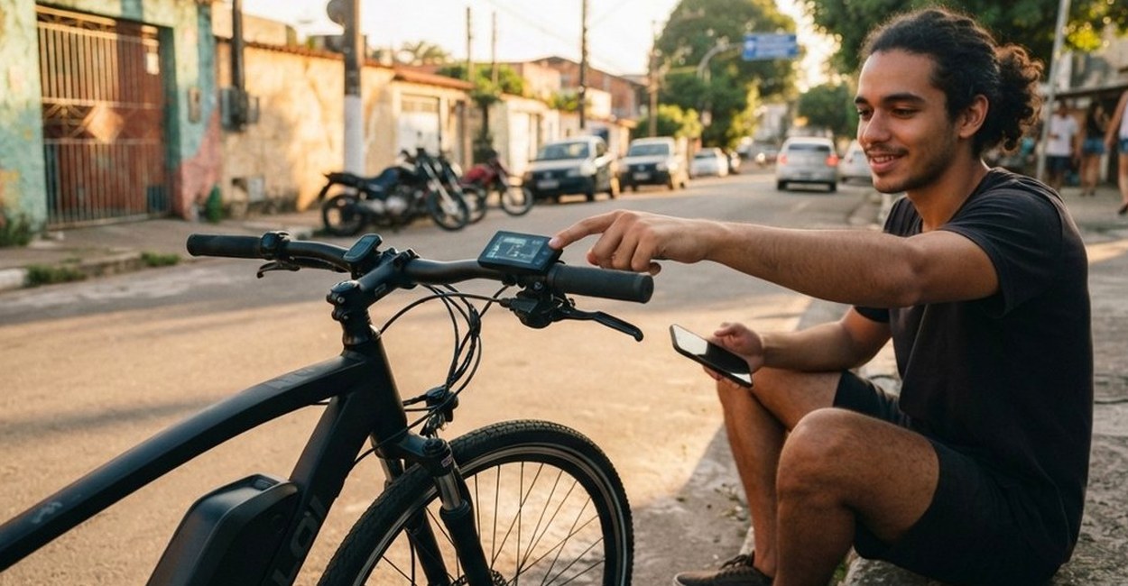 Rapaz sorridente mostra o painel da bicicleta elétrica na calçada
