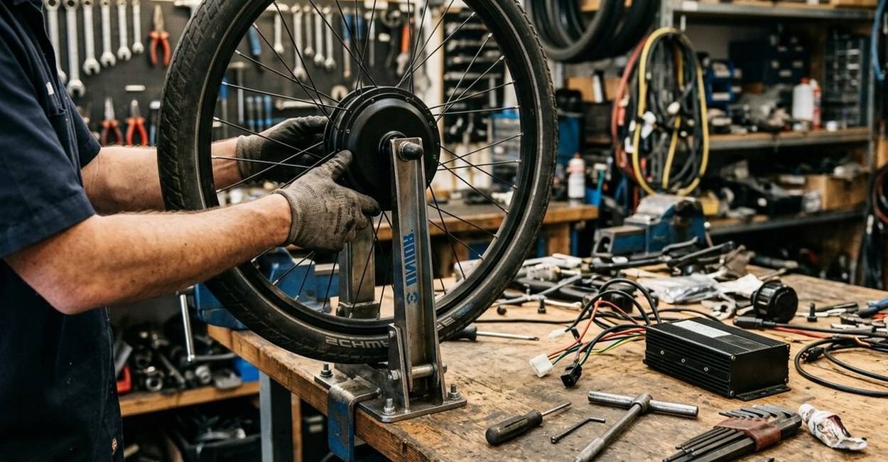 Mecânico trabalha no motor de cubo de uma bicicleta elétrica na oficina