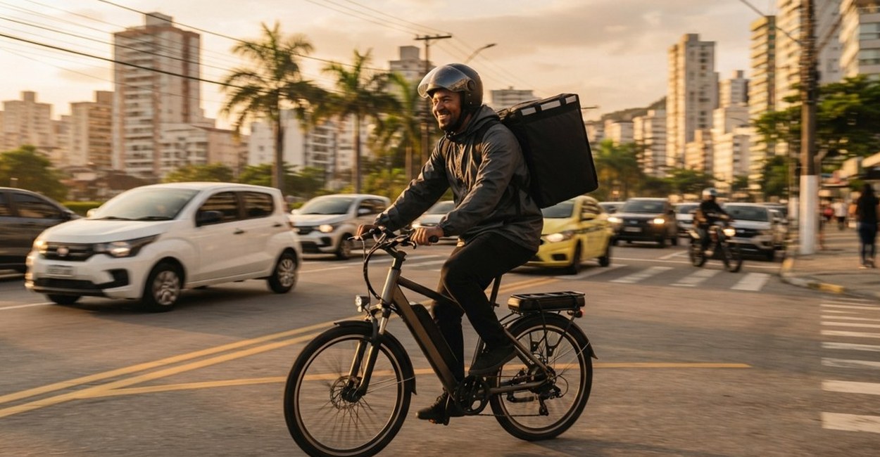 Entregador de capacete pedala bicicleta elétrica com baú numa avenida