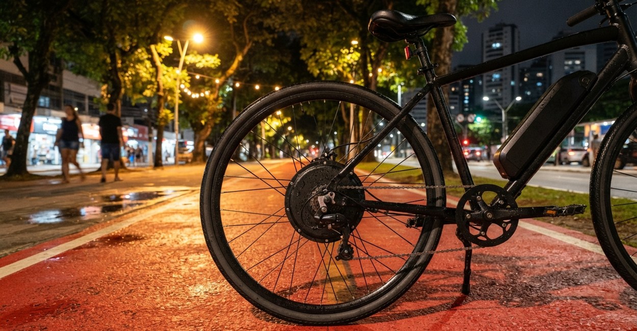 Motor no cubo da roda traseira de uma bicicleta elétrica parada em ciclovia vermelha