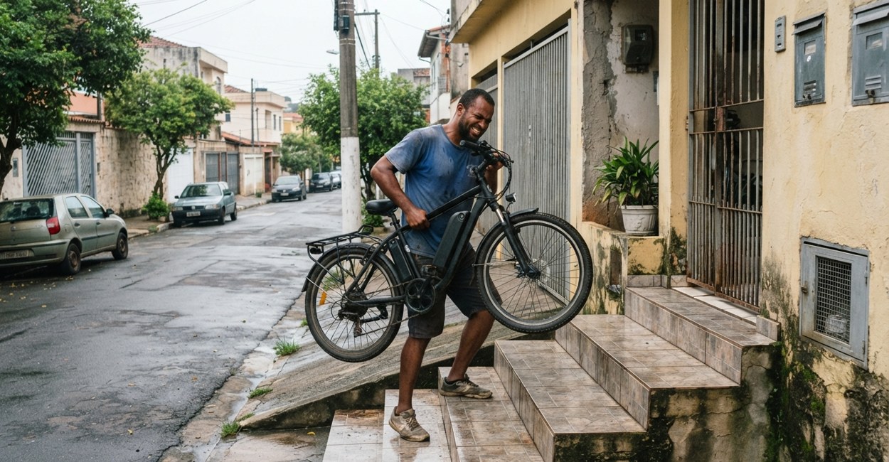 Homem carrega com esforço uma bicicleta elétrica pela escada de entrada de casa