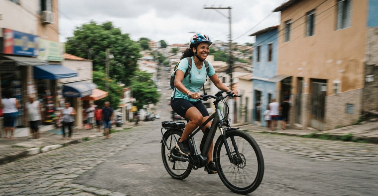 Mulher de capacete sobe sorrindo uma rua de bairro pedalando uma bicicleta elétrica