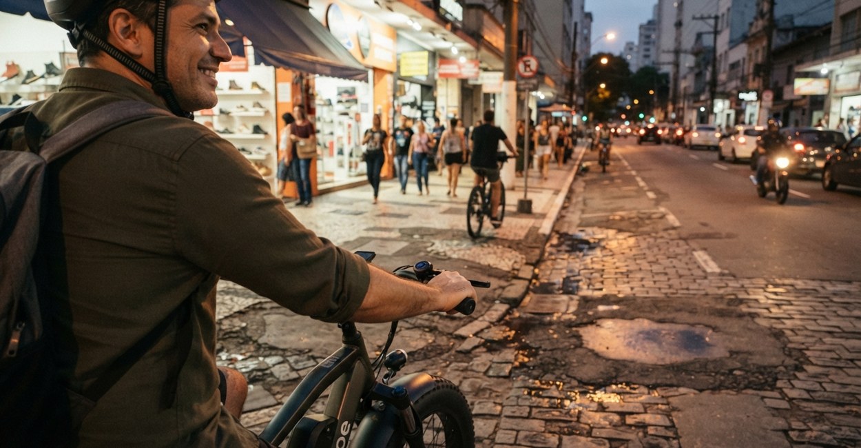 Homem pedala bike elétrica aro 26 com tranquilidade sobre rua de paralelepípedo e asfalto remendado