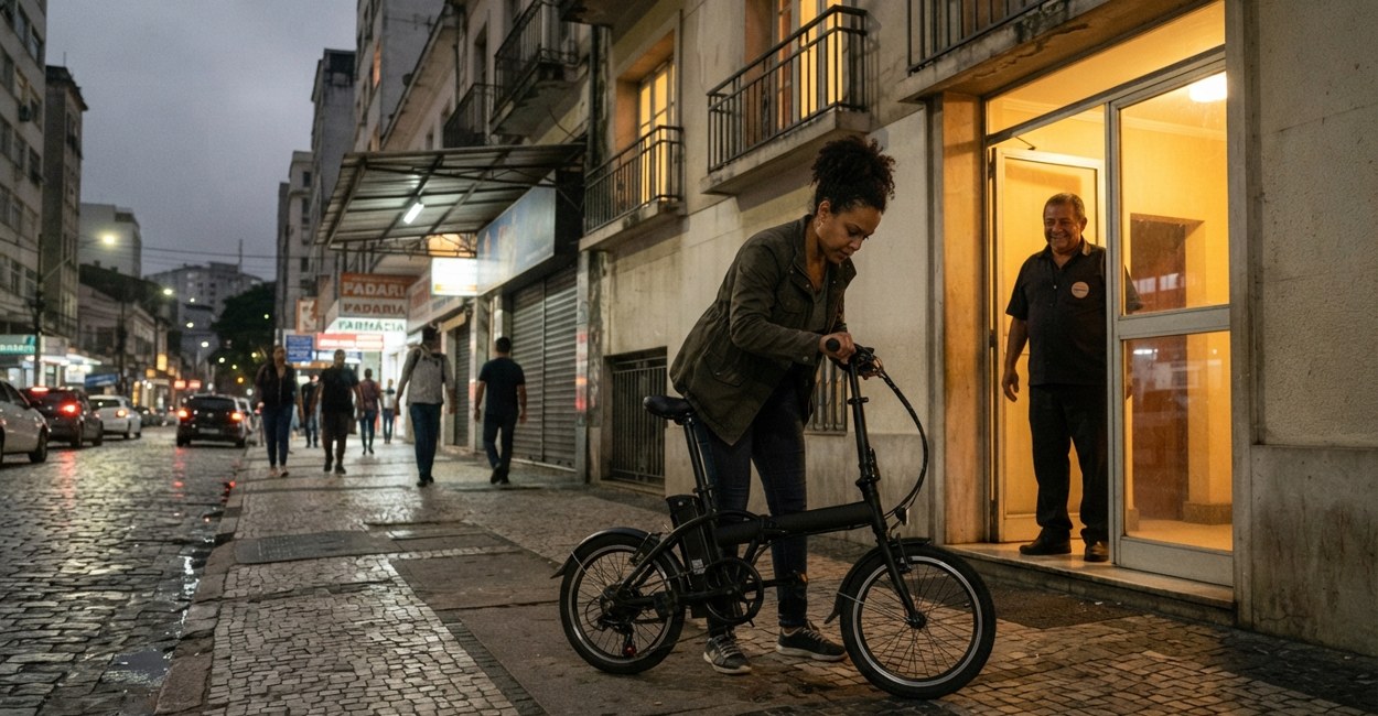 Mulher dobra bike elétrica aro 20 na entrada de um prédio residencial à noite