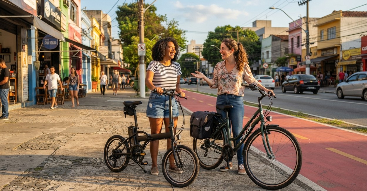 Duas amigas comparam uma bike elétrica de aro 20 e outra de aro 26 numa calçada com ciclovia vermelha ao fundo