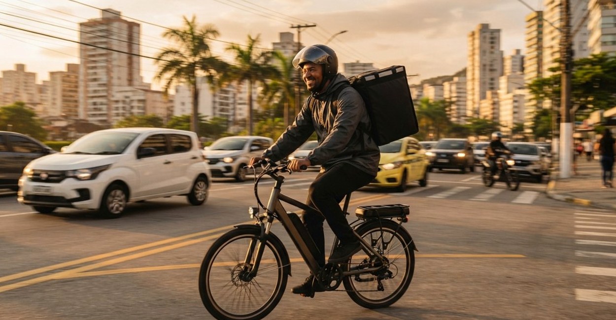 Ciclista com baú pedala bike elétrica numa avenida