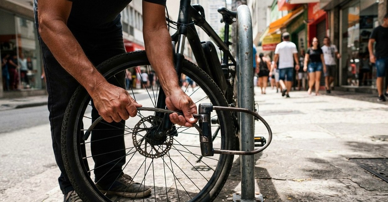 Ciclista prende a bike elétrica num poste com cadeado U