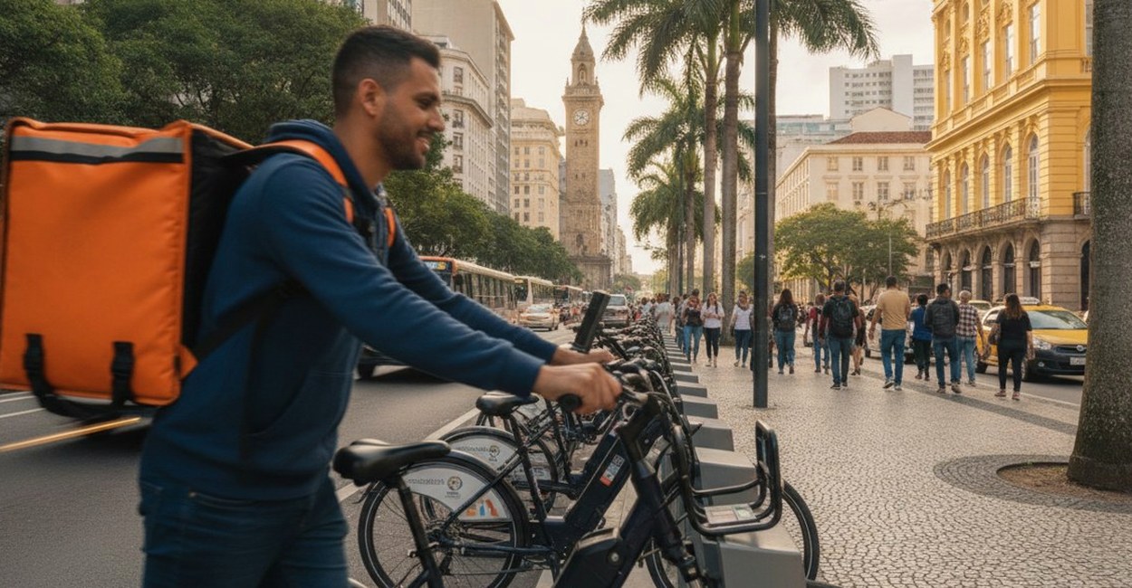 Homem com bag laranja nas costas ao lado de bikes elétricas