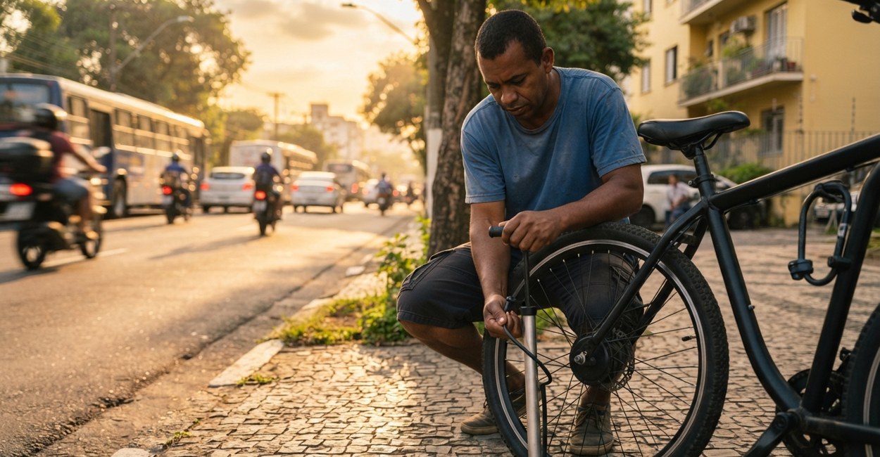 Homem agachado calibra o pneu de uma bicicleta elétrica com bomba de ar na calçada de manhã