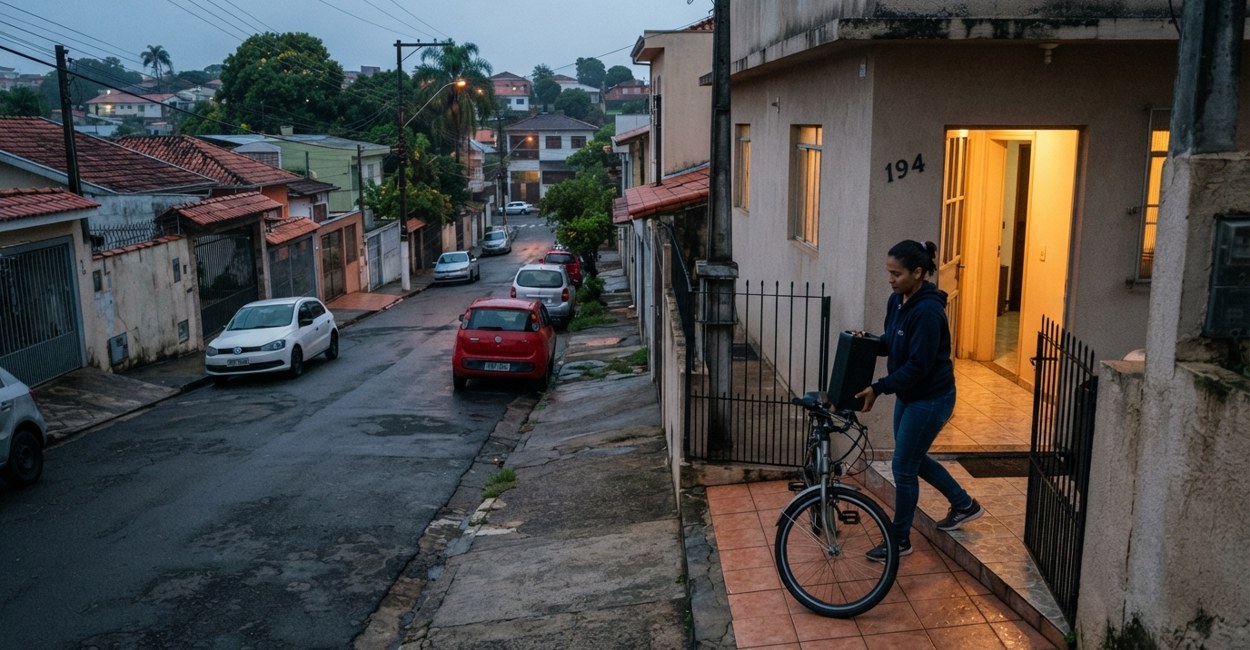 Mulher retira a bateria da bicicleta elétrica na porta de casa à noite para carregar