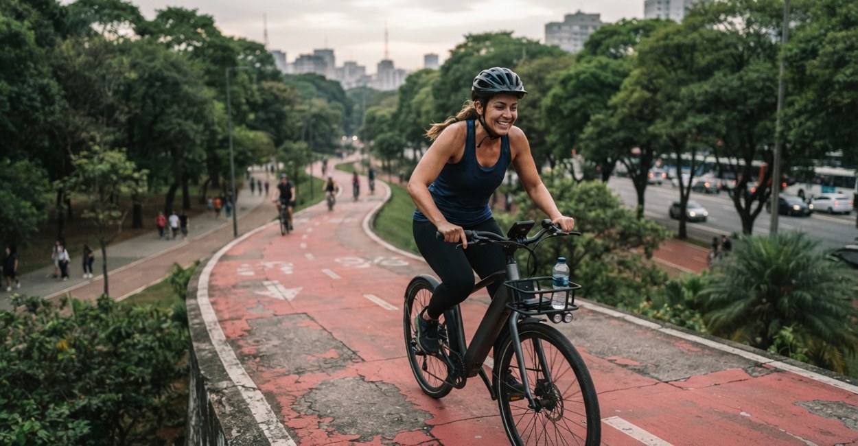 Mulher pedala com esforço e sorriso cansado numa bike elétrica com o display apagado na ciclovia