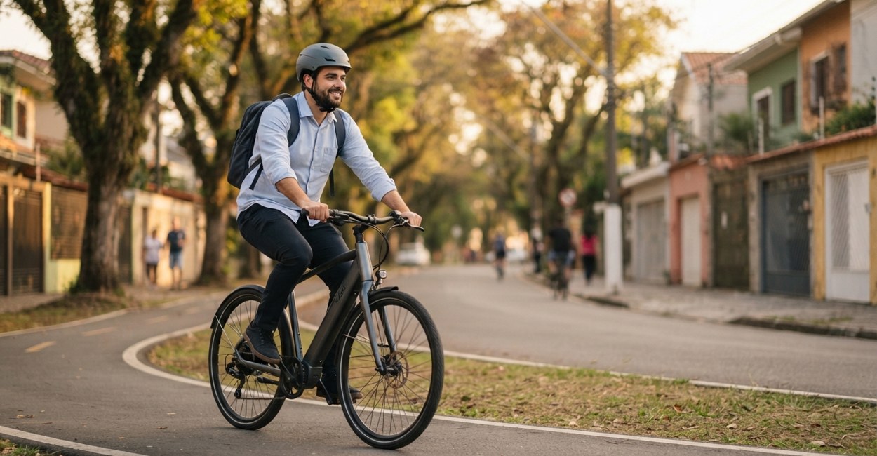 Homem de camisa social e mochila pedala bike elétrica em ciclovia arborizada no fim da tarde