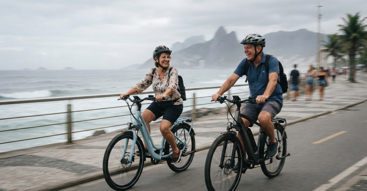 Casal de 60 anos pedala lado a lado de bike elétrica na orla pela manhã, rindo