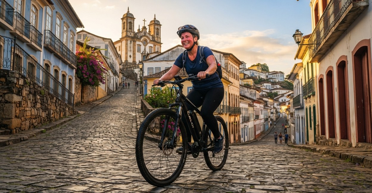Mulher de 50 anos sobe ladeira de paralelepípedo de bike elétrica ao amanhecer, corada e sorrindo