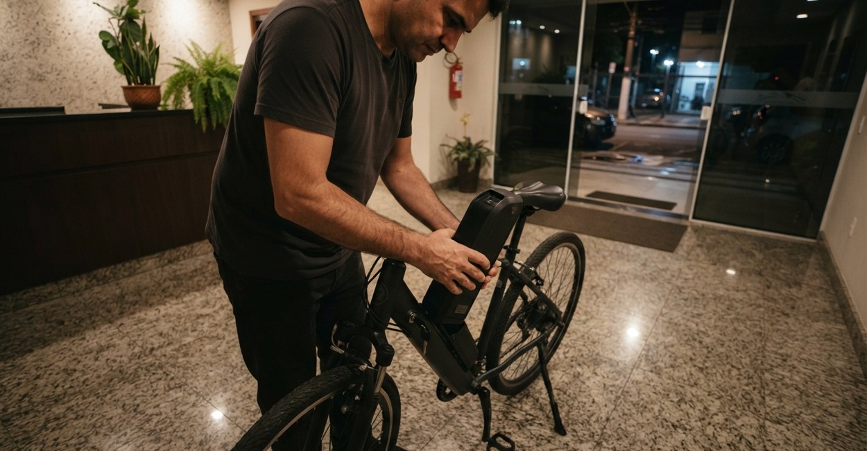 Mãos retiram a bateria removível de uma bike elétrica no hall de um prédio